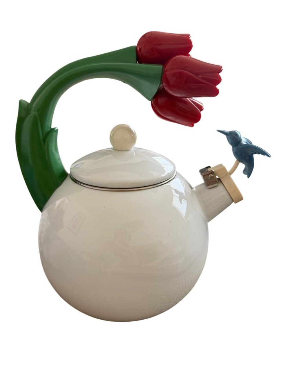 Via Ancona Hummingbird And Tulips Whistling Enamel Teapot Kettle OS Vintage